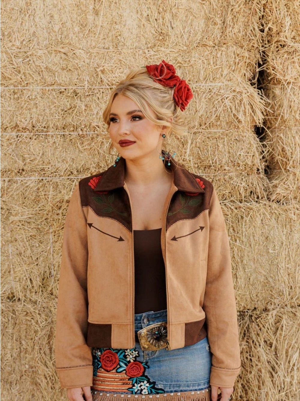 Rodeo Quincy Roses of Range Embroidered Western Suede Jacket - Tan/Brown